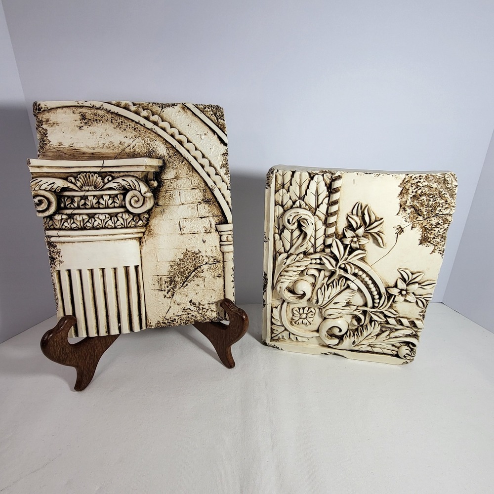 Vintage Architectural Relief Wall Plaques Set 2 Greek Roman Column Floral Decor